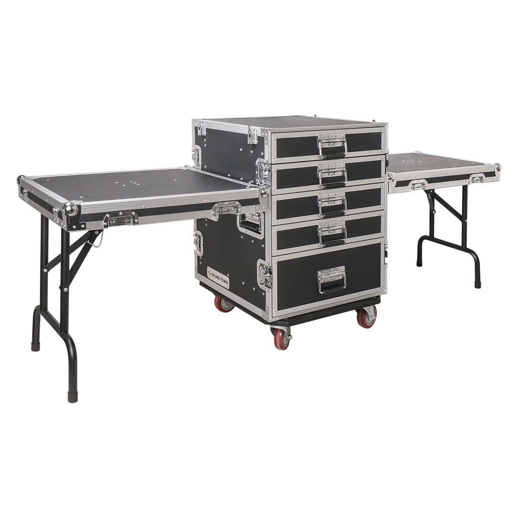 Sound Town STRC-PROW2T5D 5-Drawer Customizable Stage and Studio Utility Equipment Workstation Storage Road Case with Two Tables - Pro Tour Grade