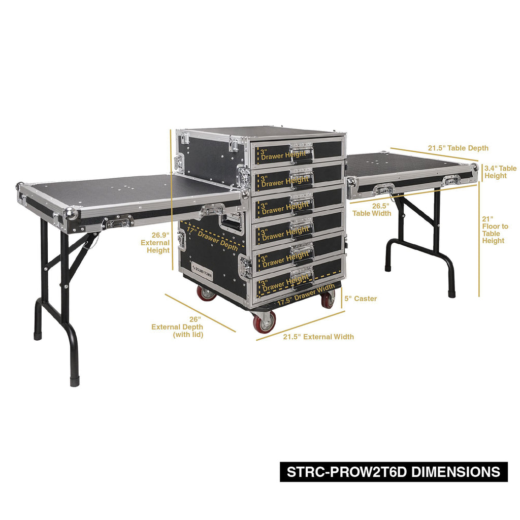Sound Town STRC-PROW2T6D 6-Drawer Customizable Stage and Studio Utility Equipment Workstation Storage Road Case with Two Tables - Pro Tour Grade, Internal & External Size & Dimensions