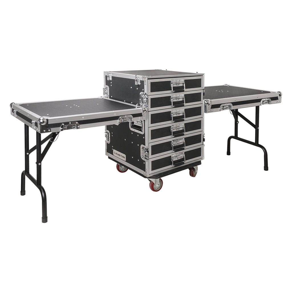 Sound Town STRC-PROW2T6D 6-Drawer Customizable Stage and Studio Utility Equipment Workstation Storage Road Case with Two Tables - Pro Tour Grade, PA, DJ