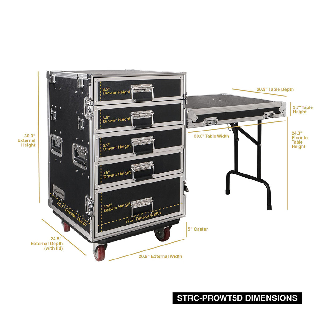 Sound Town STRC-PROWT5D 5-Drawer Customizable Stage and Studio Utility Equipment Workstation Storage Road Case with Table - Pro Tour Grade, Internal & External Size & Dimensions