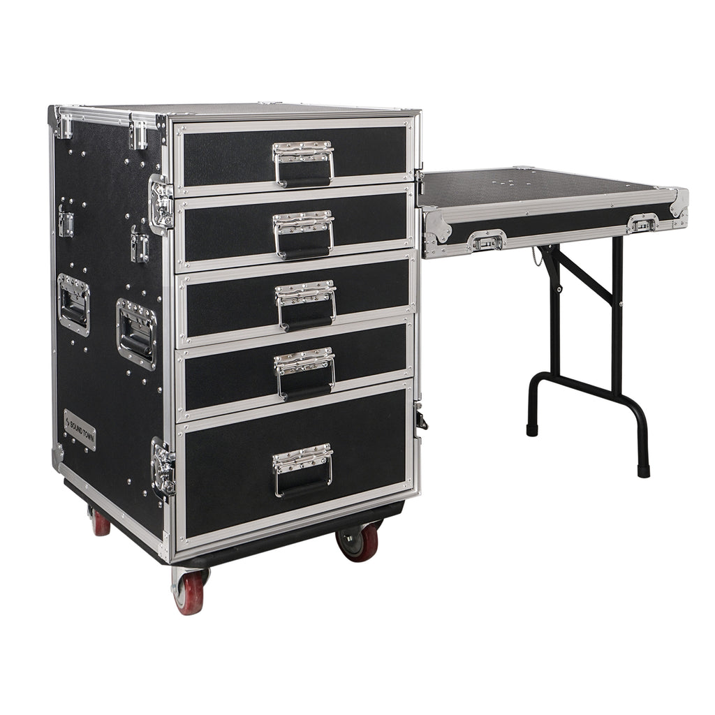 Sound Town STRC-PROWT5D 5-Drawer Customizable Stage and Studio Utility Equipment Workstation Storage Road Case with Table - Pro Tour Grade