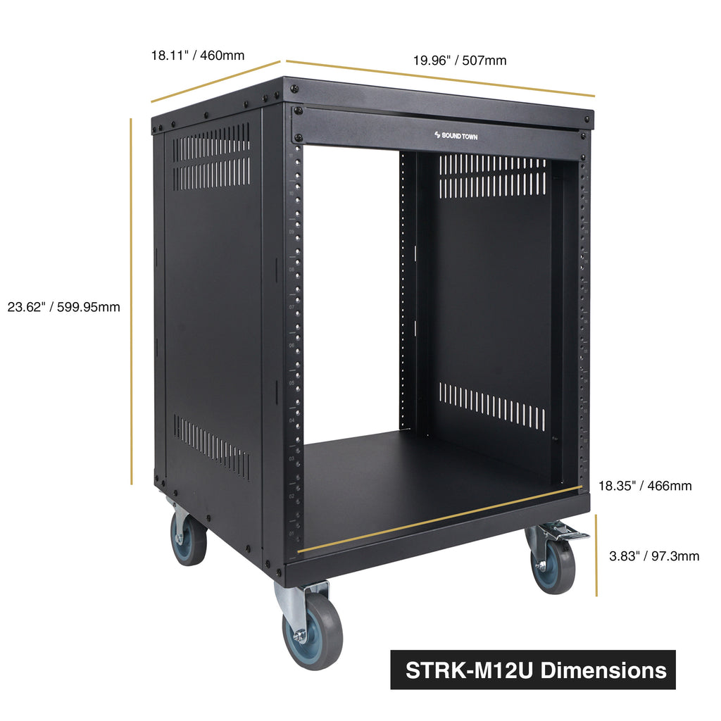 Sound Town STRK-M12U 12U Universal Steel Equipment Rack w/ Locking Casters, Vented Side Panels for Audio/Video, Server and Network - Size & Dimensions