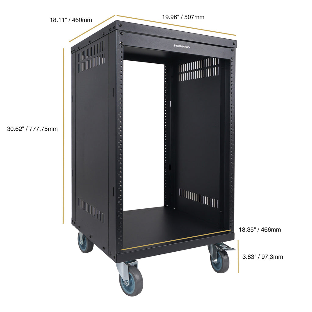 Sound Town STRK-M16UWD 16U Universal Steel Rack, w/ Mesh Doors, Locking Casters, Vented Side Panels for Audio Video, Server and Network Equipment - Internal & External Size and Dimensions