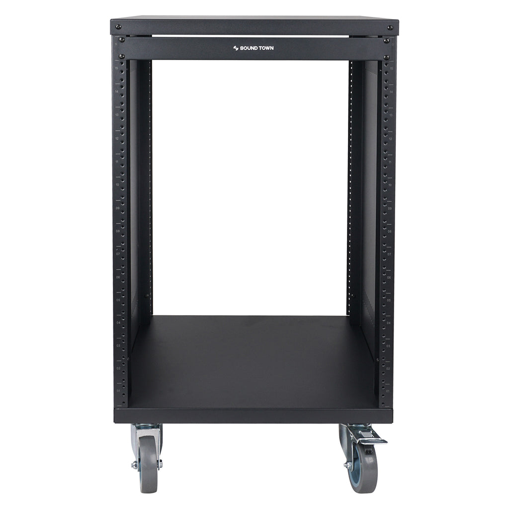 Sound Town STRK-M16UWD 16U Universal Steel Rack, w/ Mesh Doors, Locking Casters, Vented Side Panels for Audio Video, Server and Network Equipment - Front View