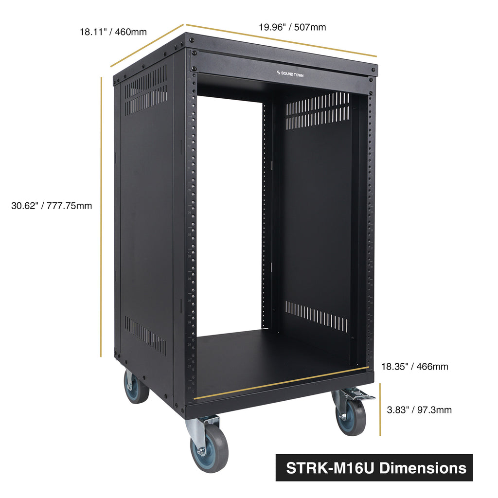 Sound Town STRK-M16U 16U Universal Steel Equipment Rack w/ Locking Casters, Vented Side Panels for Audio/Video, Server and Network - Size and Dimensions