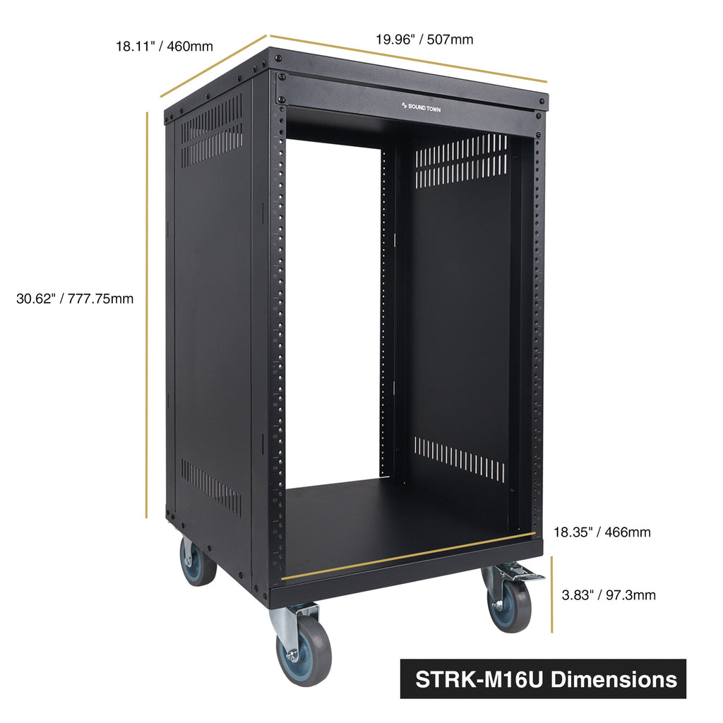 Sound Town STRK-M16U-R 16U Universal Steel Equipment Rack w/ Locking Casters, Vented Side Panels for Audio/Video, Server and Network, Refurbished - Size and Dimensions