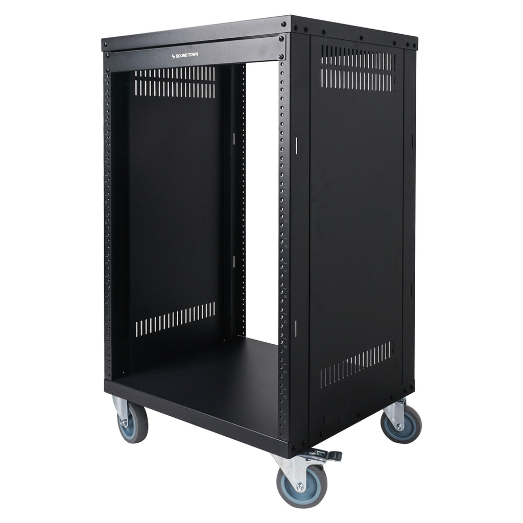 Sound Town STRK-M16U 16U Universal Steel Equipment Rack w/ Locking Casters, Vented Side Panels for Audio/Video, Server and Network - Heavy Duty 