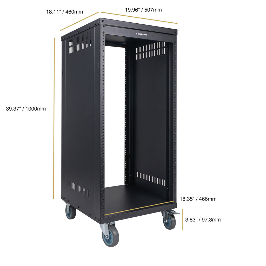 Sound Town STRK-M21UWD 21U Universal Steel Rack, w/ Mesh Doors, Locking Casters, Vented Side Panels for Audio Video, Server and Network Equipment - Size and Dimensions