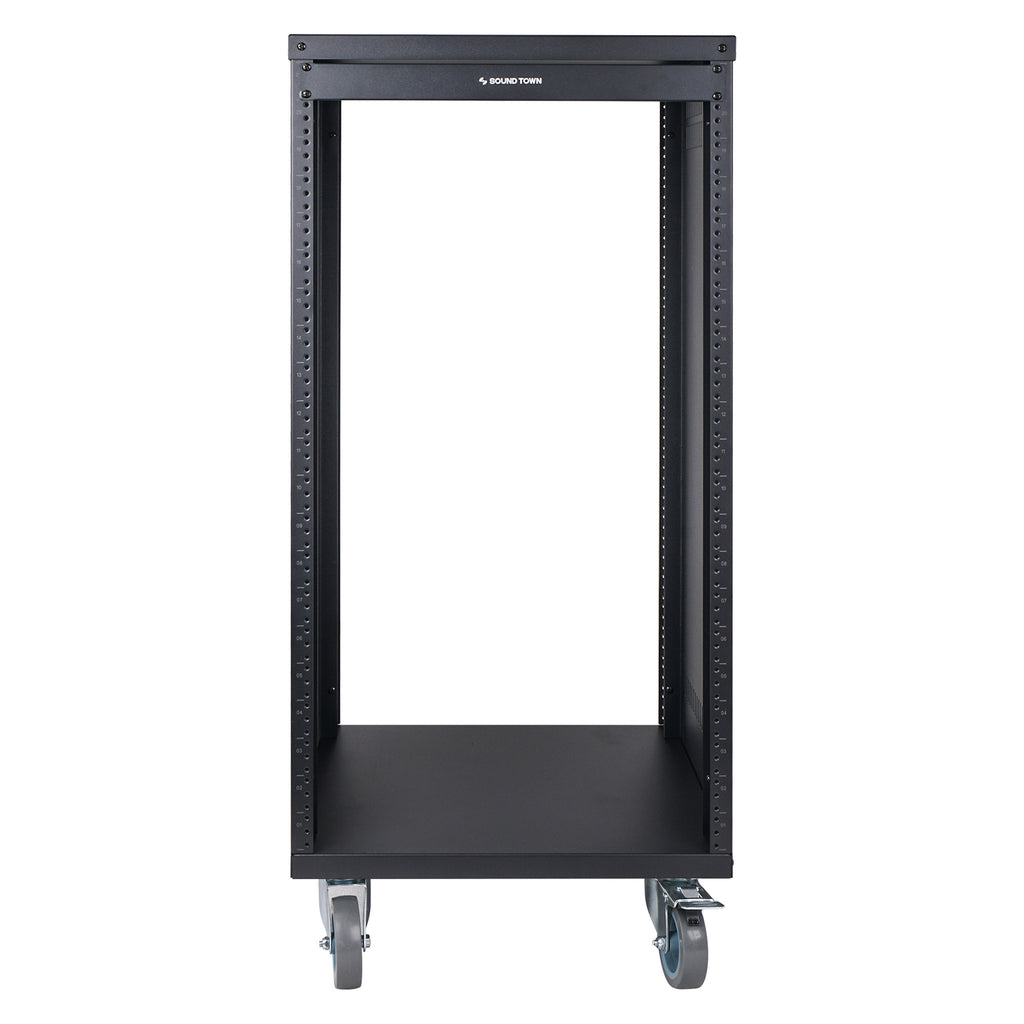 Sound Town STRK-M21UWD 21U Universal Steel Rack, w/ Mesh Doors, Locking Casters, Vented Side Panels for Audio Video, Server and Network Equipment - Front View