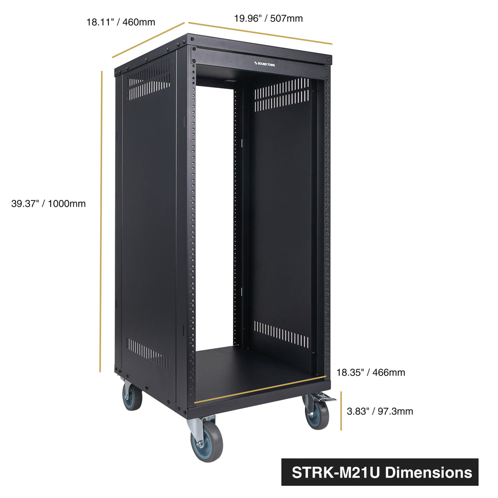 Sound Town STRK-M21U 21U Space Universal Steel Equipment Rack w/ Locking Casters, Vented Side Panels for Audio/Video, Server and Network - Size and Dimensions