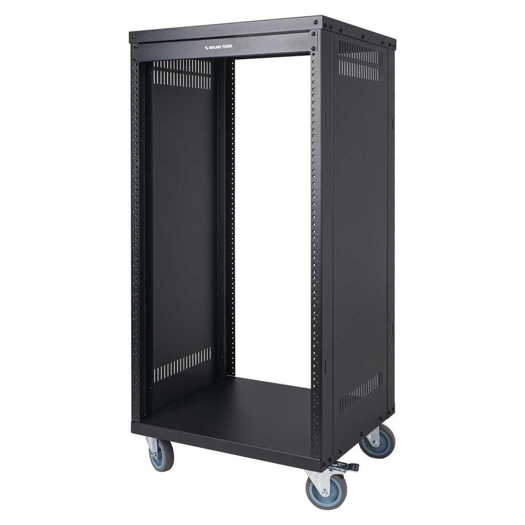Sound Town STRK-M21U 21U Space Universal Steel Equipment Rack w/ Locking Casters, Vented Side Panels for Audio/Video, Server and Network - Heavy Duty