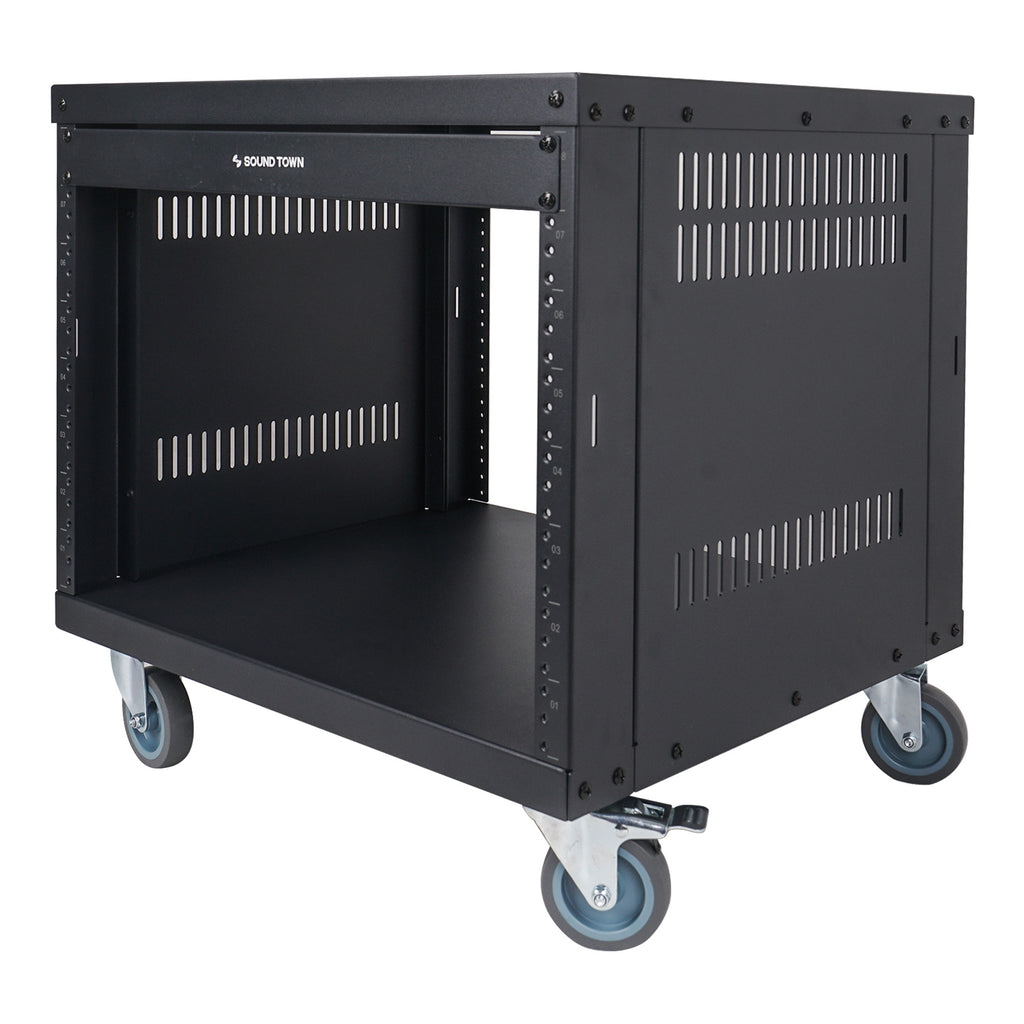 Sound Town STRK-M8U 8U Space Universal Steel Equipment Rack, w/ Locking Casters, Vented Side Panels for Audio/Video, Server and Network - Metal Construction