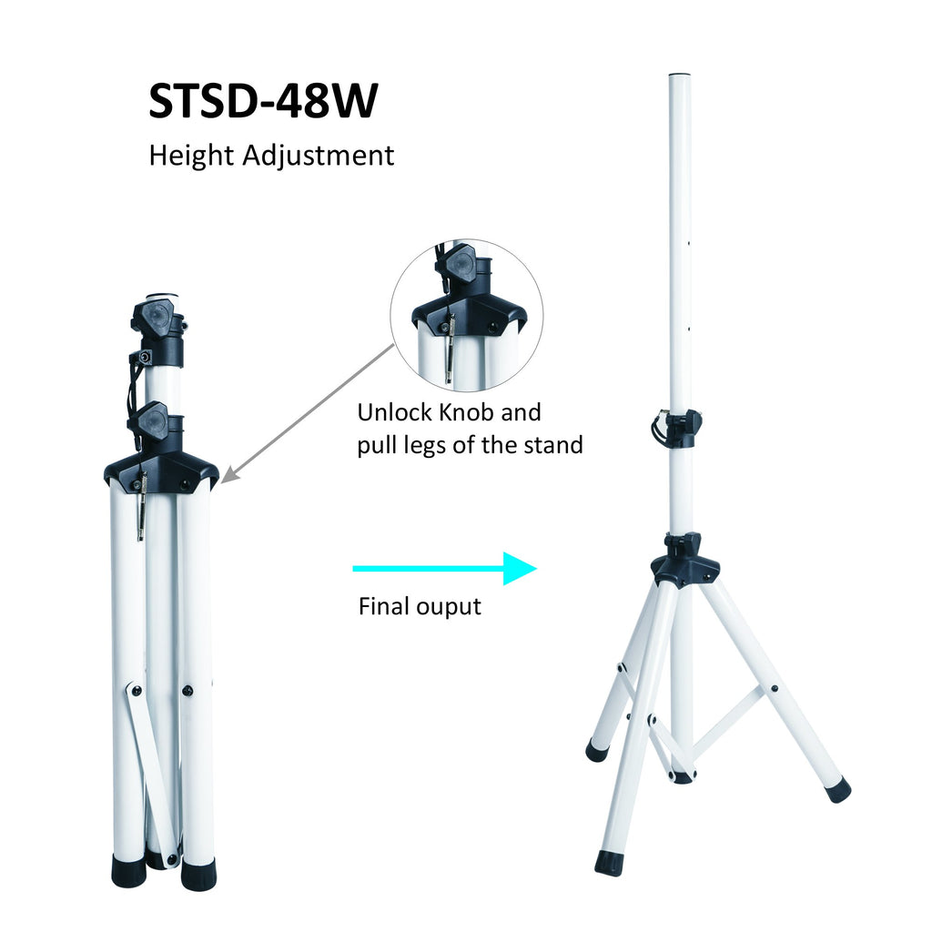 Sound Town STSD-48W-PAIR Universal Tripod Speaker Stand with Adjustable Height, 35mm Compatible Insert, Locking Knob and Shaft Pin, White - Height Adjustment Instructions