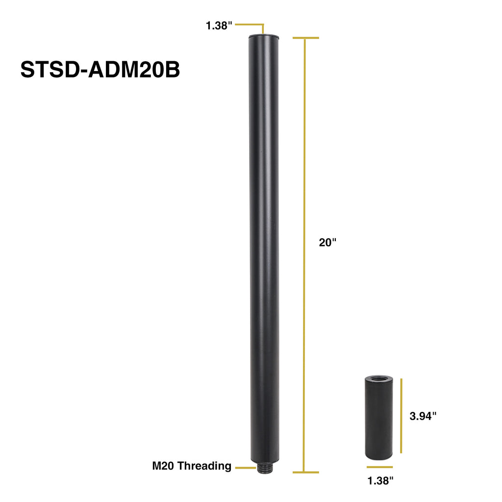 Sound Town STSD-ADM20B-PAIR 2-pack Subwoofer/Speaker Extender Poles with M20 Threaded Lower End and 35mm Adapter, Black - Size and Dimensions