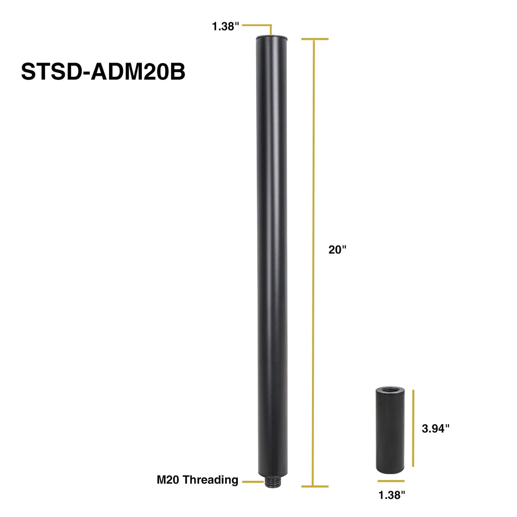 Sound Town STSD-ADM20B-PAIR-R 2-pack Subwoofer/Speaker Extender Poles with M20 Threaded Lower End and 35mm Adapter, Black, Refurbished - Size and Dimensions