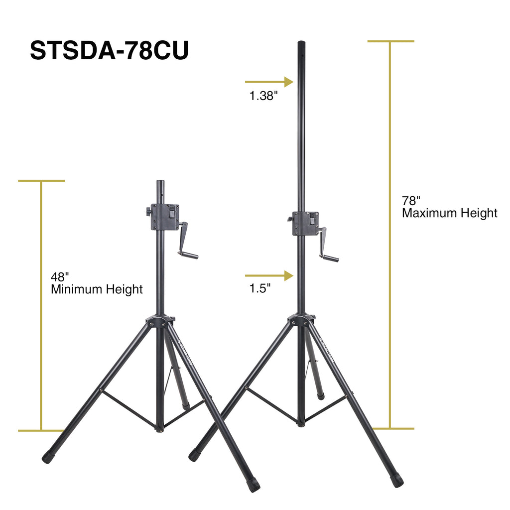 Sound Town STSDA-78CU-PAIR 2-Pack Crank-Up Tripod Speaker Stands, with Carry Bags, Pole-Mount Adapter Brackets, Black - Size & Dimensions
