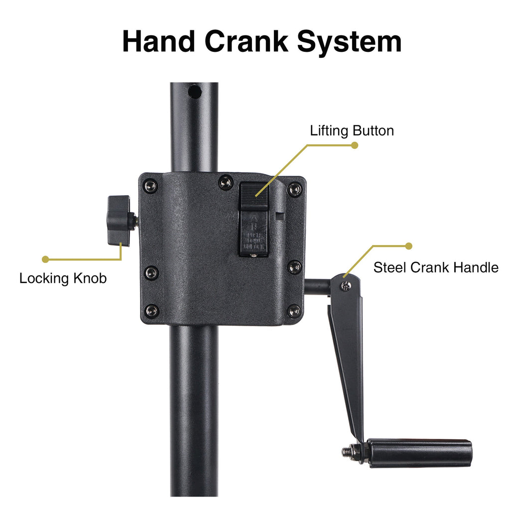Sound Town STSDA-78CU-PAIR-R 2-Pack Crank-Up Tripod Speaker Stands, with Carry Bags, Pole-Mount Adapter Brackets, Black, Refurbished - hand crank system with locking knob, lifting button, steel crank handle