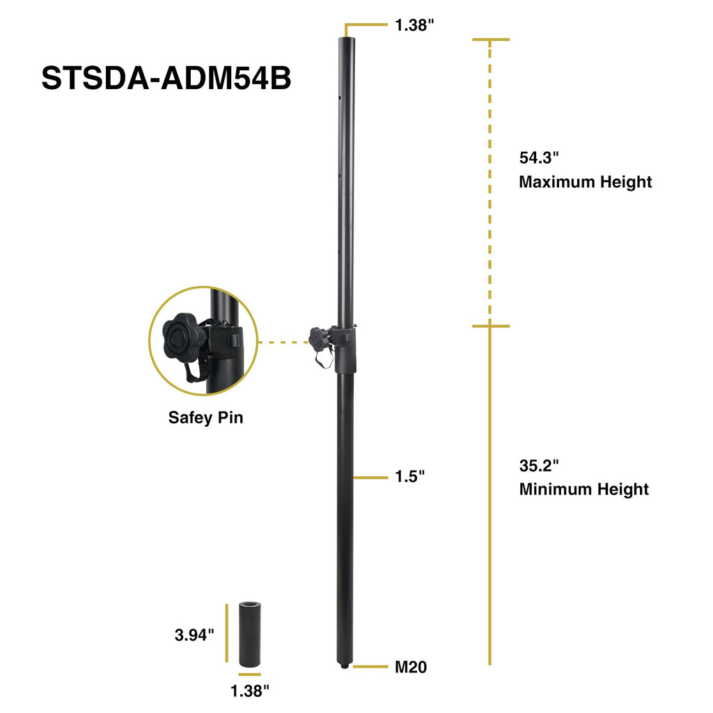 Sound Town STSDA-ADM54B-PAIR-R 2-pack Subwoofer/Speaker Poles with Adjustable Height, M20 Threaded Lower End & 35mm Adapter, Black, Refurbished - Size & Dimensions