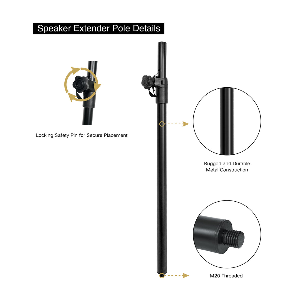 Sound Town STSDA-M54B 2-pack subwoofer mounting poles with M20 threaded mounting inserts - Speaker Extender Pole Details, locking safety pin for secure placement, rugged and durable metal construction
