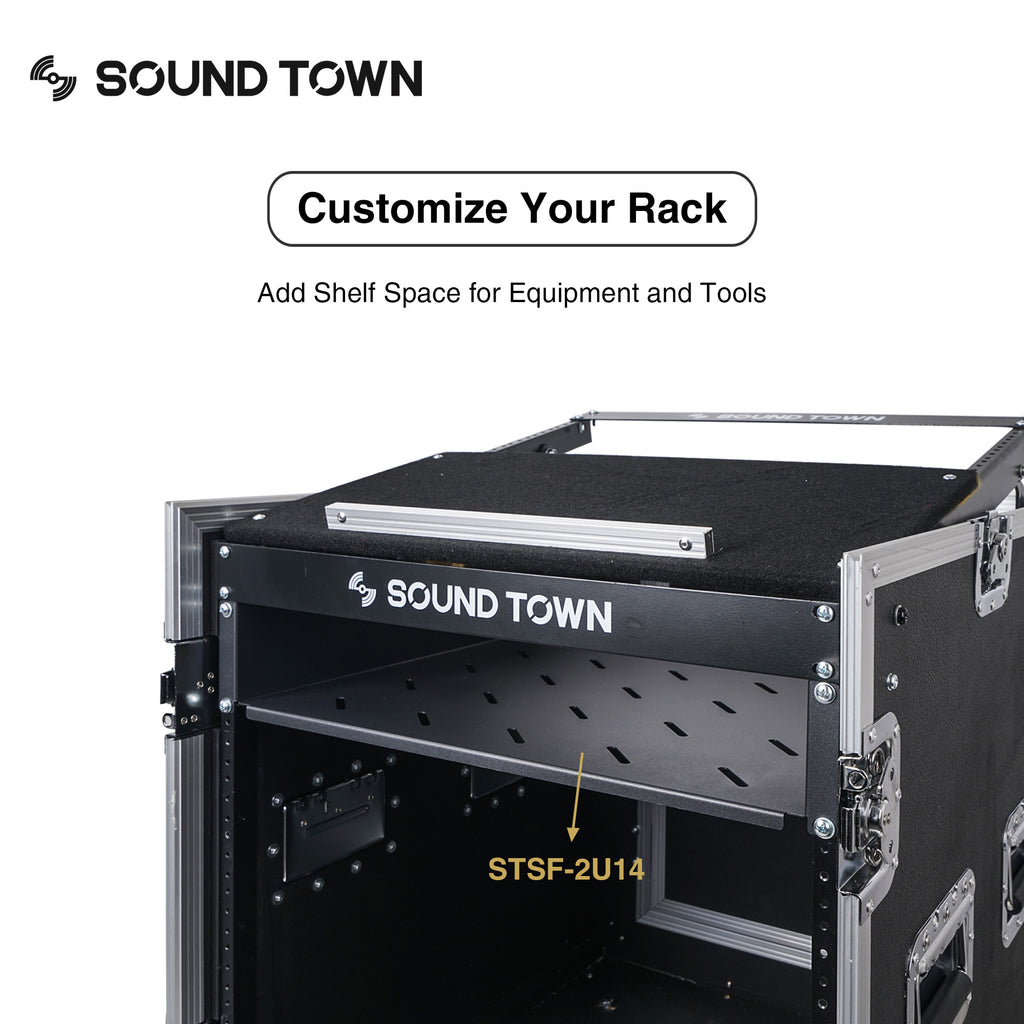 Sound Town STSF-2U14 19" 2U Universal Vented Rack Mount Cantilever Shelf for 19" Flight Case, Network Rack, Cabinets, 14" Deep, Customize Your Rack Space, Additional Shelf Space for Equipment and Tools