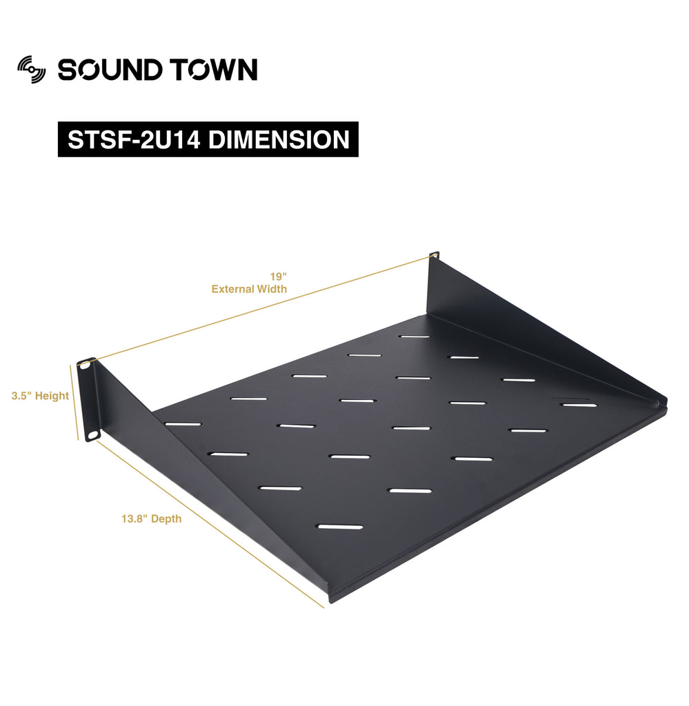 Sound Town STSF-2U14 19" 2U Universal Vented Rack Mount Cantilever Shelf for 19" Flight Case, Network Rack, Cabinets, 14" Deep, Size and Dimensions