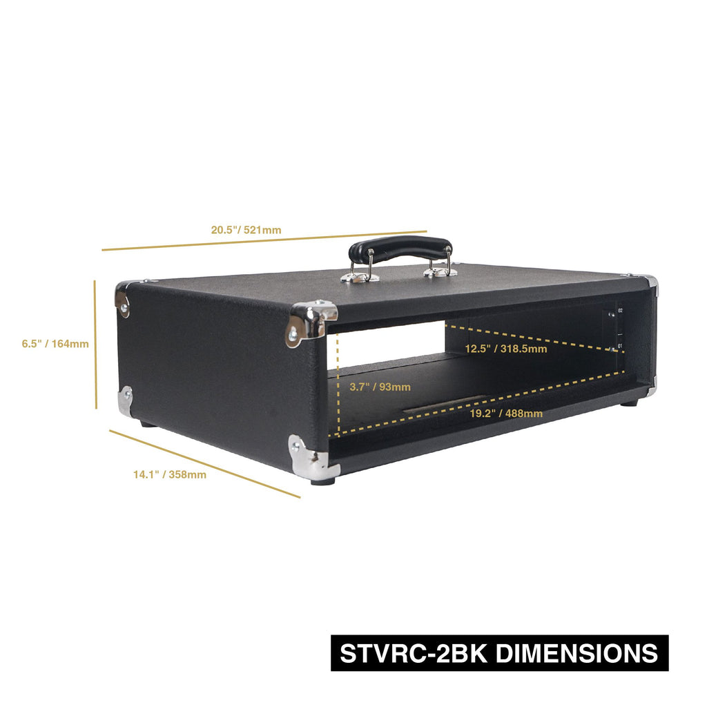 Sound Town STVRC-2BK Vintage 2U Amp Rack Case, 12.5" Depth with Rubber Feet, Dust Cover, Kickstand, Black - Size and Dimensions