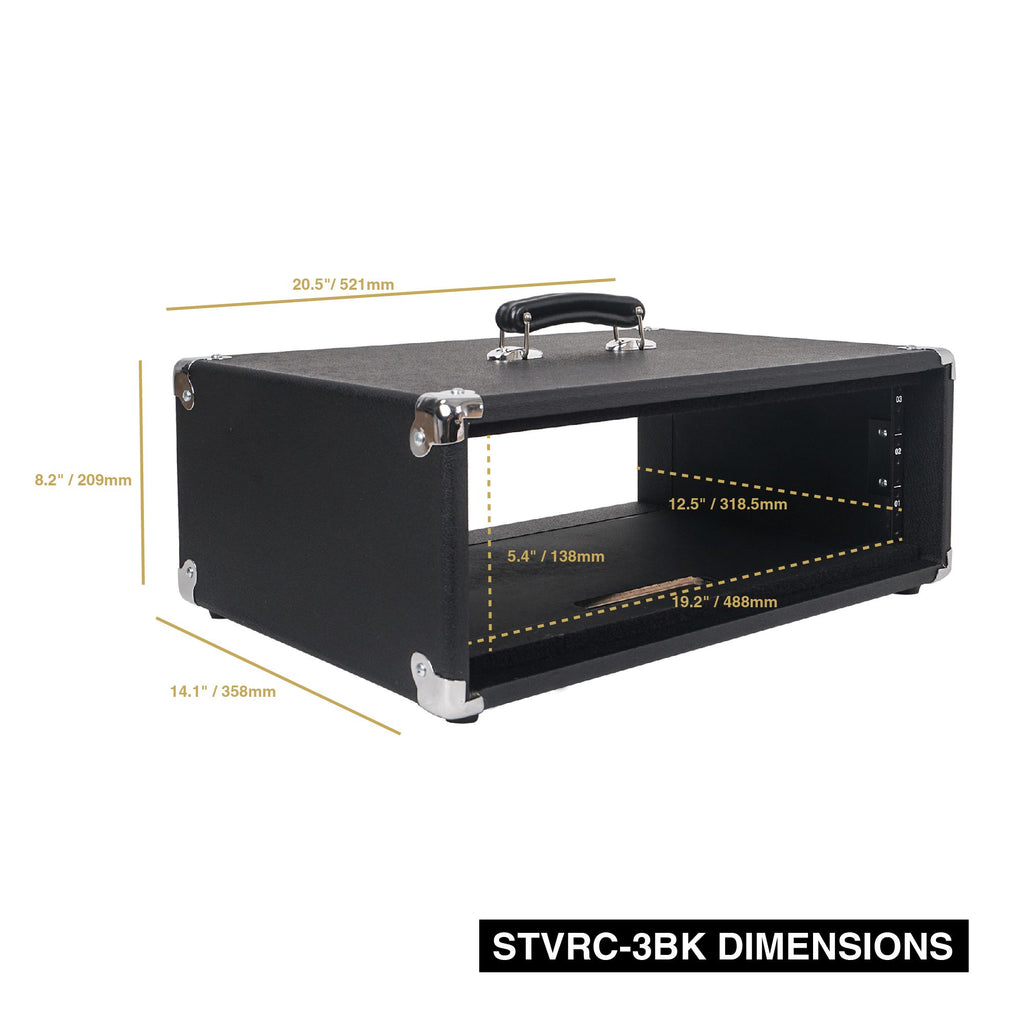 Sound Town STVRC-3BK Vintage 3U Amp Rack Case, 12.5" Depth with Rubber Feet, Dust Cover, Kickstand, Black  - Size and Dimensions