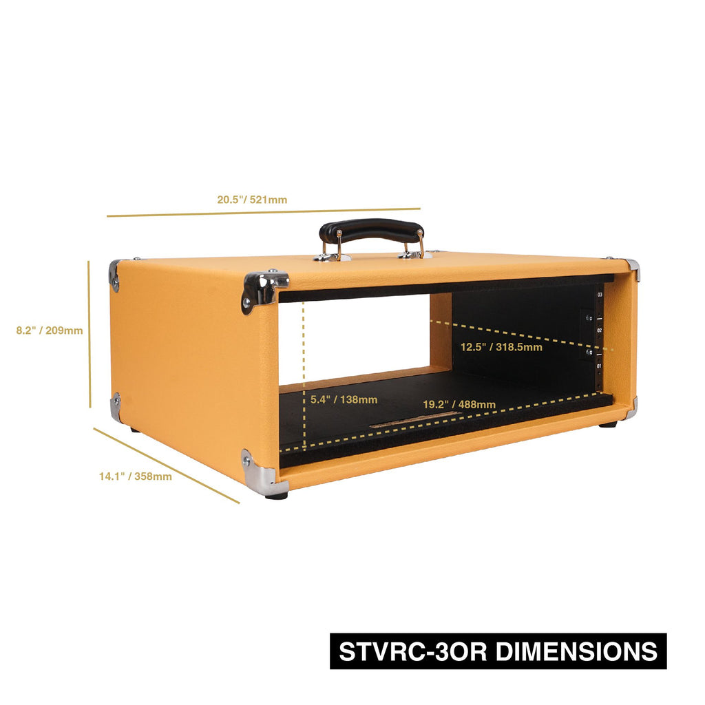 Sound Town STVRC-3OR Vintage 3U Amp Rack Case, 12.5" Depth with Rubber Feet, Dust Cover, Kickstand, Orange - Size & Dimensions