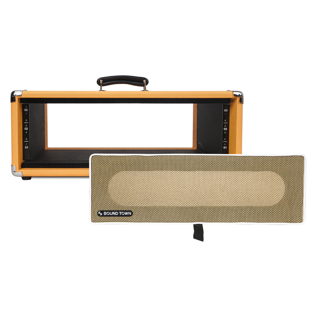 Sound Town STVRC-3OR Vintage 3U Amp Rack Case, 12.5" Depth with Rubber Feet, Dust Cover, Kickstand, Orange - Removable Covers