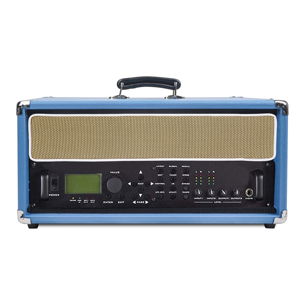 Sound Town STVRC-4BL Vintage 4U Amp Rack Case, 12.5" Depth with Rubber Feet, Dust Cover, Kickstand, Beau Blue - with Amplifier Racked