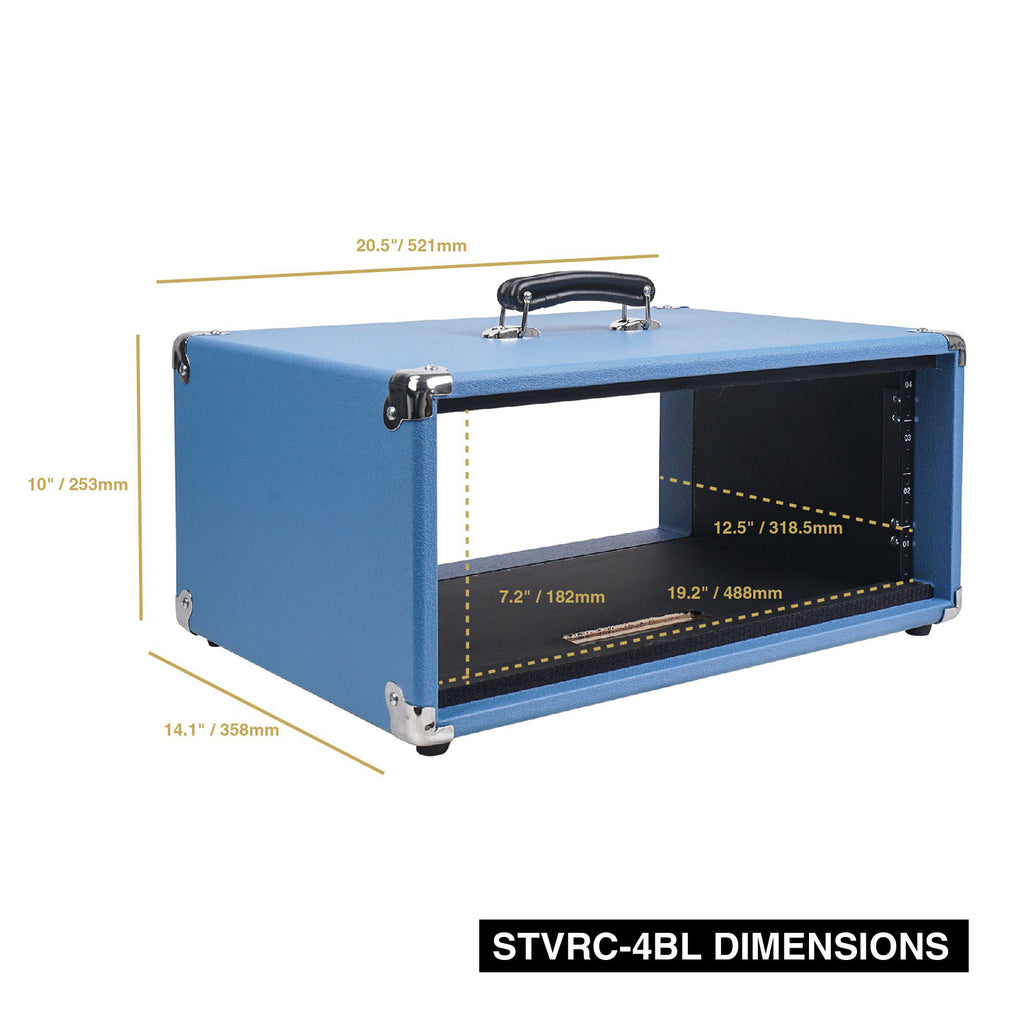 Sound Town STVRC-4BL Vintage 4U Amp Rack Case, 12.5" Depth with Rubber Feet, Dust Cover, Kickstand, Beau Blue - Size & Dimensions