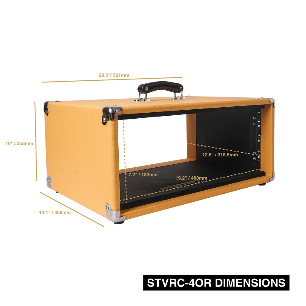 Sound Town STVRC-4OR Vintage 4U Amp Rack Case, 12.5" Depth with Rubber Feet, Dust Cover, Kickstand, Orange - Size and Dimensions