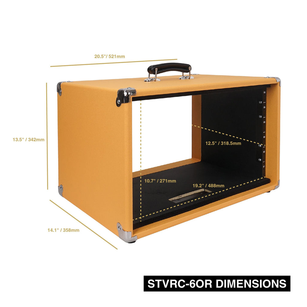 Sound Town STVRC-6OR-R Vintage 6U Amp Rack Case, 12.5" Depth with Rubber Feet, Dust Cover, Kickstand, Orange, Refurbished - Size and Dimensions