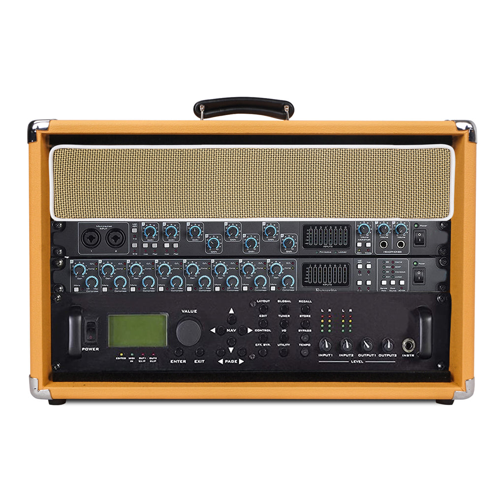 Sound Town STVRC-6OR Vintage 6U Amp Rack Case, 12.5" Depth with Rubber Feet, Dust Cover, Kickstand, Orange - with Amp