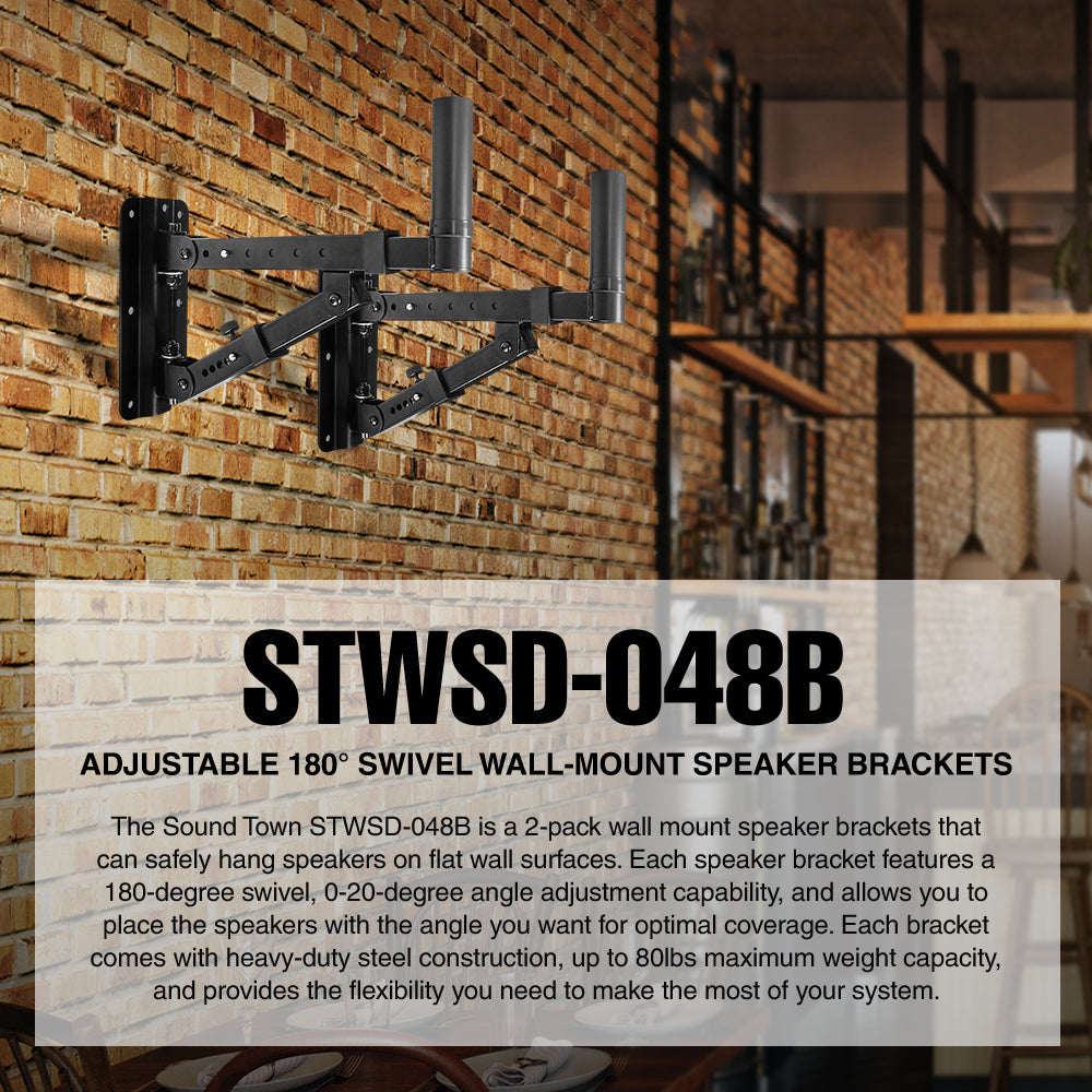 Sound Town STWSD-048B Pair of Adjustable Wall Mount Speaker Brackets with 180-degree Swivel - product ad 