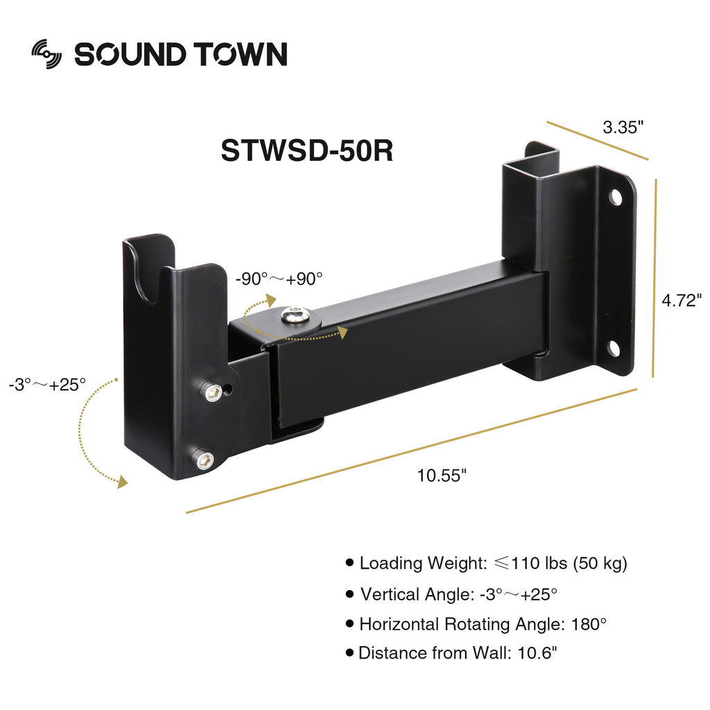 Sound Town STWSD-50R-PAIR-R 2-Pack Adjustable Wall Mount Speaker Brackets with 180-degree Swivel, 28-degree Tilt Adjustment, Speaker Connectors, Refurbished - Dimensions with Loading Weight, Vertical Angle, Horizontal Rotating Angle, and Distance from Wall.