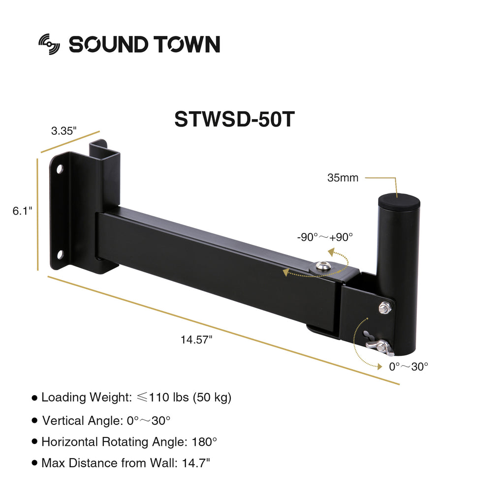 Sound Town STWSD-50T-PAIR 2-Pack Adjustable Wall Mount Speaker Brackets with 180-degree Swivel, 30-degree Angle Adjustment - Dimensions with Loading Weight, Vertical Angle, Horizontal Rotating Angle, and Distance from Wall.