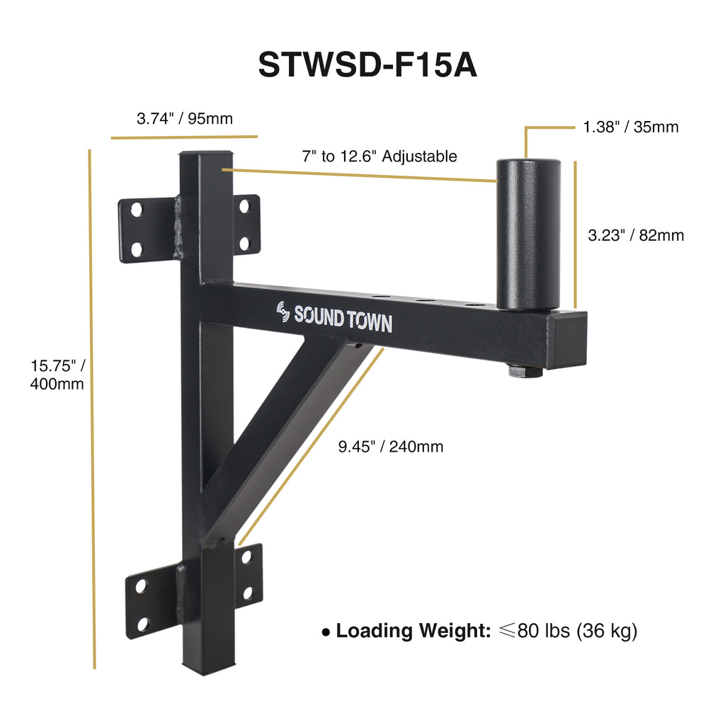 Sound Town STWSD-F15A-PAIR 2-Pack Wall-Mount Speaker Brackets, Fits 35mm Speaker Mounts - Size & Dimensions, Loading Weight Capacity