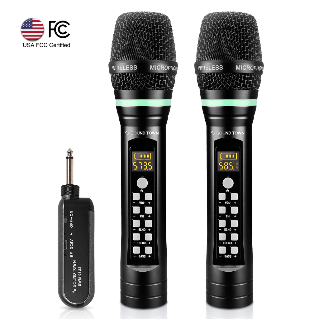 Sound Town SWM01-U2HH-R 100-Channel UHF Rechargeable Wireless Handheld Microphone System with Bluetooth, 1/4" Mini Portable Receiver for Karaoke, Events, Church, Meetings, Refurbished - Built-in Effects