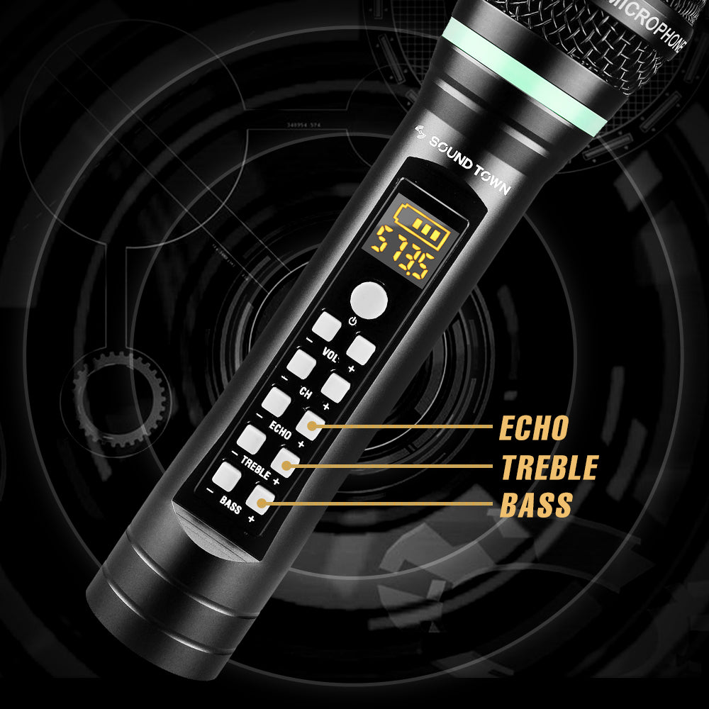 Sound Town SWM01-U2HH-R 100-Channel UHF Rechargeable Wireless Handheld Microphone System with Bluetooth, Built-in Effects, 1/4" Mini Portable Receiver for Karaoke, Events, Church, Meetings, Refurbished - Treble Bass