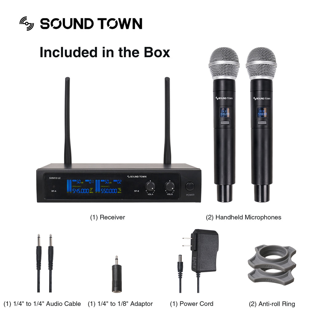Sound Town SWM10-U2HH Professional Dual-Channel UHF Wireless Microphone System, for Church, Business Meeting, Outdoor Wedding and Karaoke - Package Contents, Included in the Box