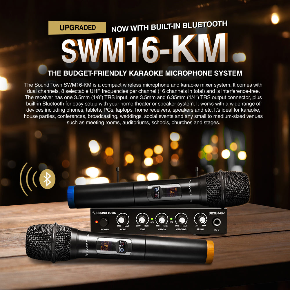 Sound Town SWM16-KM SWM Series UHF 16 Channels Wireless Microphone Karaoke System with Bluetooth, Metal Mixer, 2 Handheld Microphones, for Church, School, Wedding, Meeting, Karaoke - Upgraded