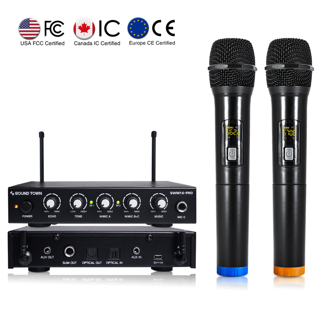 SWM16-PRO 16-Channel Wireless Microphone Karaoke Mixer System with Optical (Toslink), AUX, ¼” Jack and Handheld -- Supports Smart TV, Sound Bar,