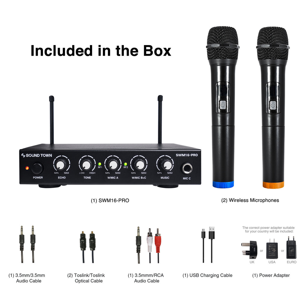Sound Town SWM16-PRO 16-Channel Wireless Microphone Karaoke Mixer System with Optical (Toslink) Input and Output - Included in the Box / Package, with 2 Wireless Mics, additional 1/4" Jack for add-on  wired or wireless microphones, echo / tone / music volume controls, accessories include 3.5mm to 3.5mm male Audio Cable, Toslink to Toslink Optical Cable, 3.5mm to RCA Audio Cable, USB Charging Cable, Power Adapter for UK or USA or EUROPE