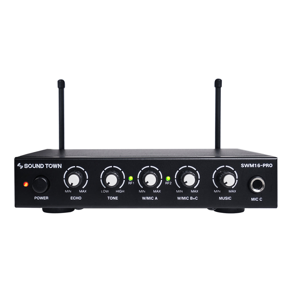 Sound Town SWM16-PRO Dual-Channel Compact Wireless Microphone Karaoke Mixer System with Optical (Toslink), AUX, ¼” Jack -- Supports Smart TV, Sound Bar, Home Theater, Receiver, Amplifier, PA speakers, All-in-One - Front Panel Echo Tone Controls