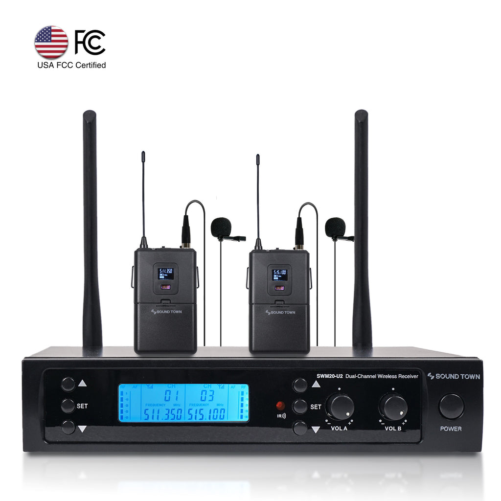 Sound Town SWM20-U2LL 200-channel Professional UHF Wireless Microphone System with 2 Lavalier Mics, for Church, School, Business Meeting, Party