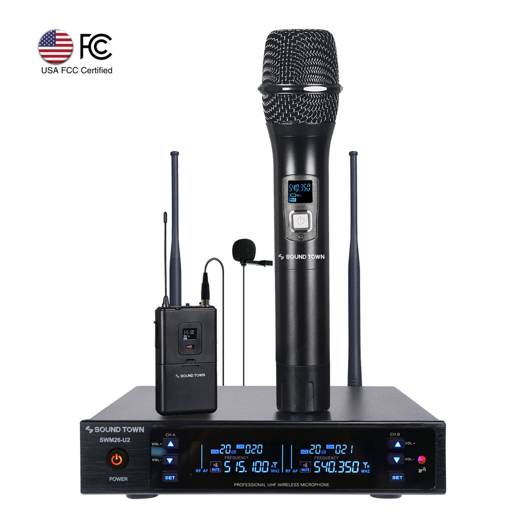 Sound Town SWM26-U2HL SWM Series Metal 200 Channels UHF Wireless Microphone System with 1 Handheld Mic, 1 Lavalier Mic and Auto Scan for Church, School, Outdoor Wedding, Meeting, Party and Karaoke