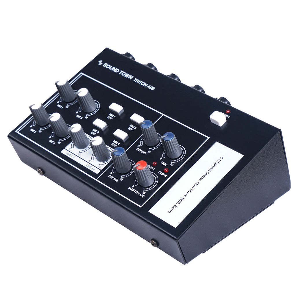 Sound Town TRITON-A08-R 8-Channel Mono Stereo Karaoke Mini Mixer with 1/4” Inputs and Outputs, Echo/Delay Effect and Depth Controls, Refurbished - Left Panel