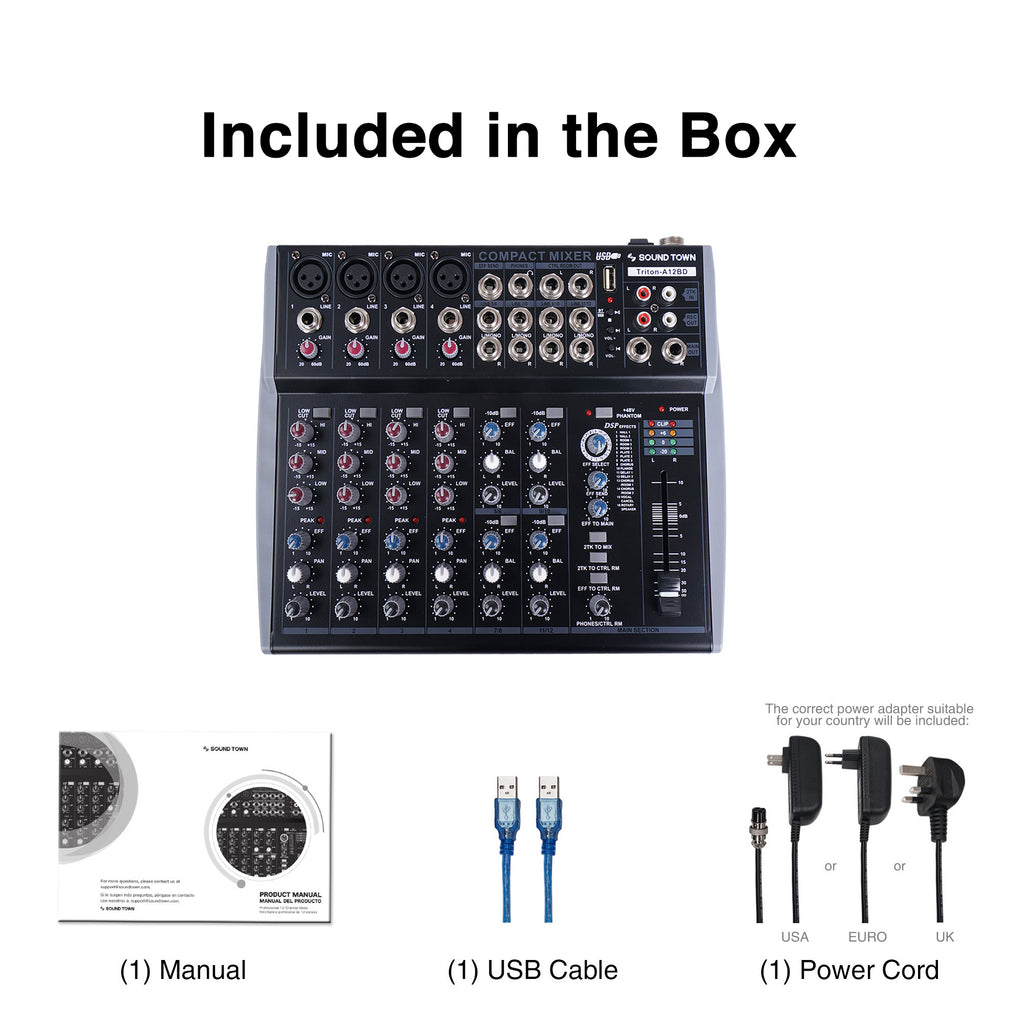 Sound Town TRITON-A12BD TRITON Series Professional 12-Channel Passive Audio Mixer with Bluetooth, USB Flash Drive Input and DSP - Included in the box; Manual, USB Cable, USA / EURO / UK Power Cord