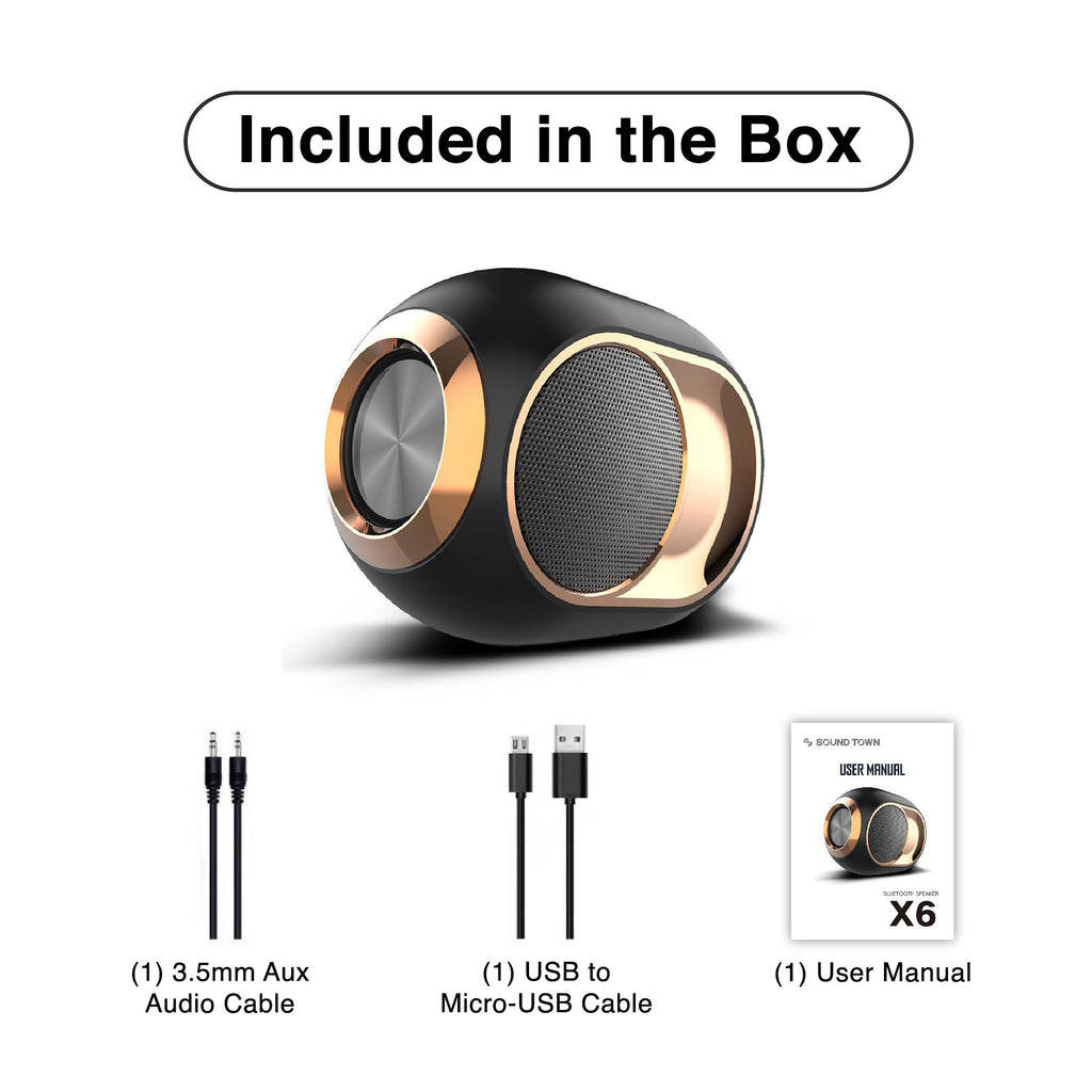 Sound Town X6 Series Waterproof Portable Bluetooth Speaker, TWS Bluetooth, IPX54, Stereo Sound, Built-in Mic for Phone Calls, for Home and Outdoor - Included in the Box, 3.5mm Aux Audio Cable, USB to Micro-USB Cable, User Manual